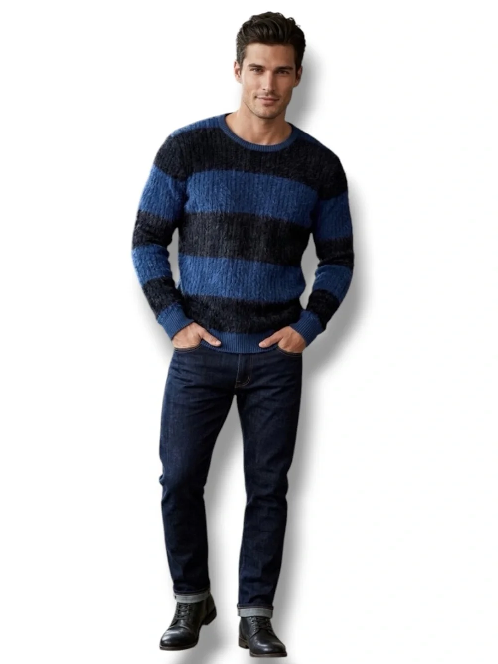 INC International Concepts NWT Fuzzy Striped Crewneck Sweater Blue Black XXL